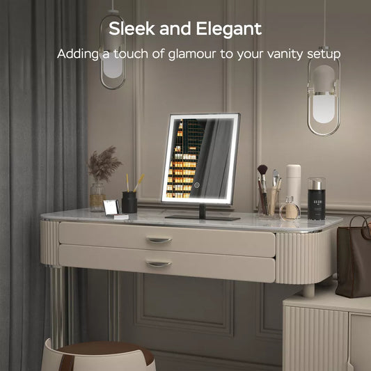 Black LED Makeup Mirror With Light In UK - 12 Inch Mirror, 3 Colors Dimmable, Touch Control, 120° Rotation, AC Adaptor, Mirror Light For Vanity, Dressing Table, Makeup