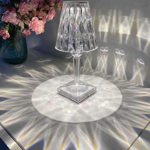Lamp set to warm white light on a dining table.



