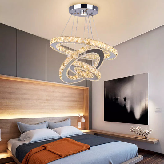 Modern Chandelier Crystal Hanging Light In UK – 3 Rings Crystal Ceiling Lights Adjustable Stainless Steel for Dining Room, Living Room, Bedroom (Warm & White)
