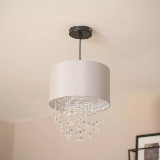 Grey Fabric Acrylic Jewel Droplet Drum Pendant Shade Living Room Hallway Bedroom Light Shade + Led Bulb