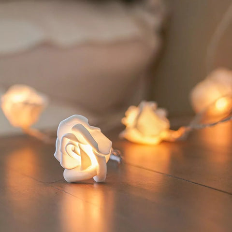 4m white rose LED lights providing ambient bedroom lighting

