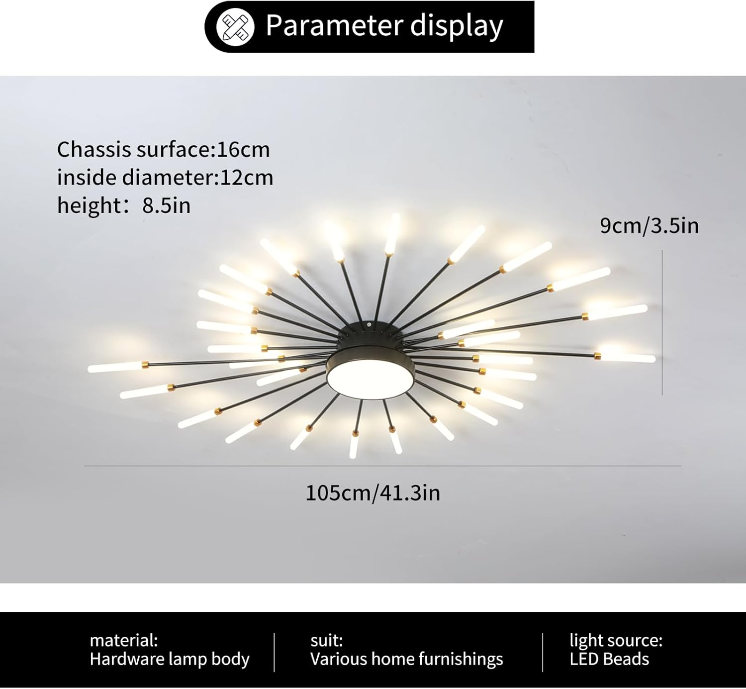 Modern LED Ceiling Light – 28+1 Heads Black Firework Semi Flush Mount Chandelier for Bedroom, Living Room, Dining Room