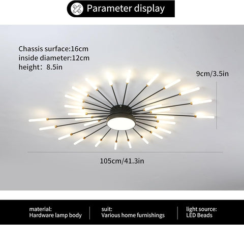 Modern LED Ceiling Light – 28+1 Heads Black Firework Semi Flush Mount Chandelier for Bedroom, Living Room, Dining Room