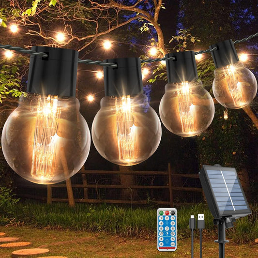9-meter solar-powered festoon string lights with 20 warm white G50 LED bulbs illuminating a garden setting
