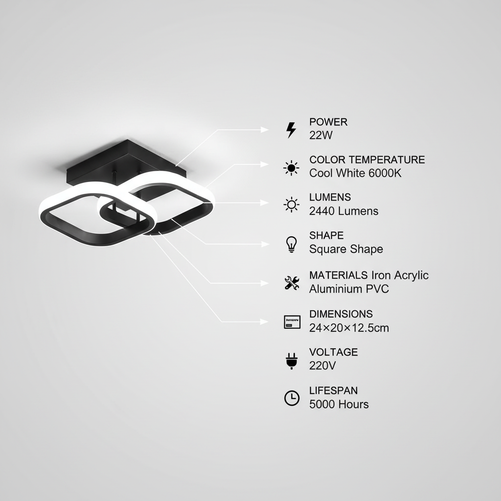 Ceiling light fixture with technical specifications on a white background