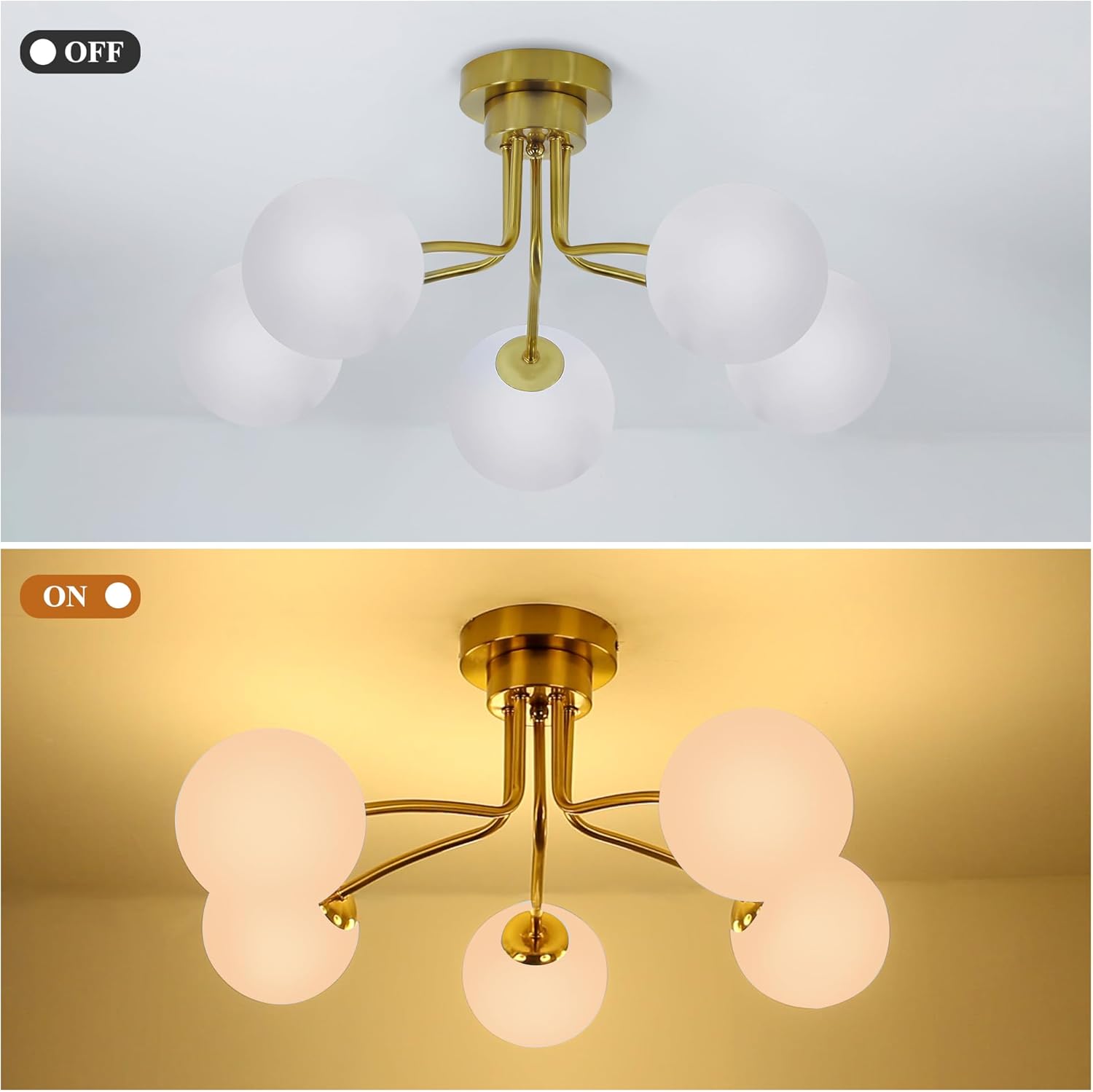 Ceiling light fixture with gold frame and white glass shades, shown off and on.