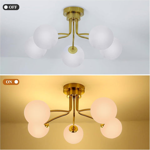 Ceiling light fixture with gold frame and white glass shades, shown off and on.