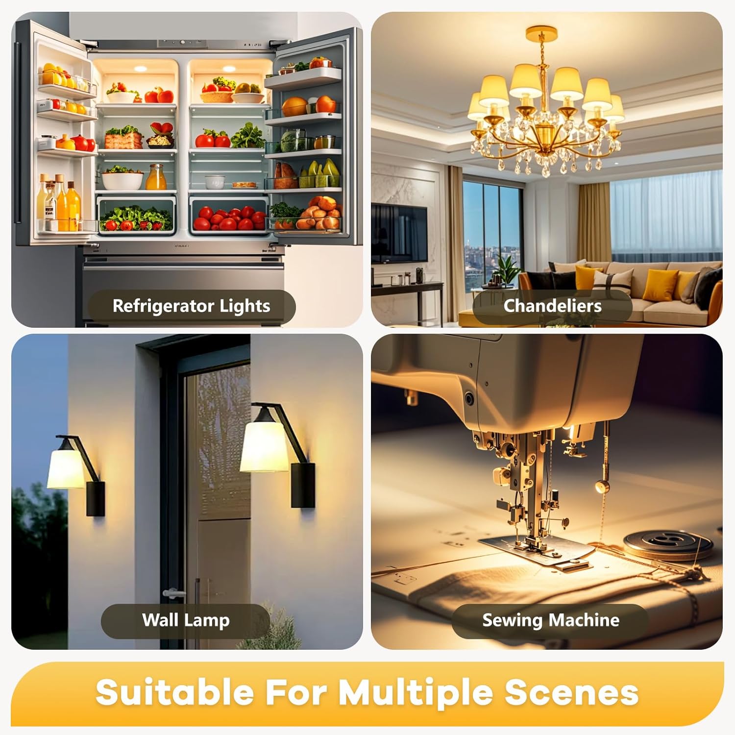 Collage of a refrigerator, chandeliers, wall lamp, and sewing machine with labels and 'Suitable For Multiple Scenes' text.