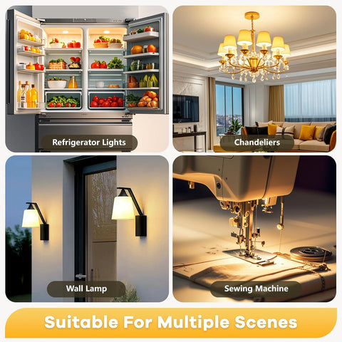 Collage of a refrigerator, chandeliers, wall lamp, and sewing machine with labels and 'Suitable For Multiple Scenes' text.