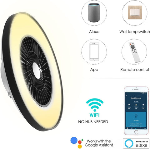 Smart fan with connectivity options including Alexa, wall lamp switch, app, remote control, and Google Assistant.