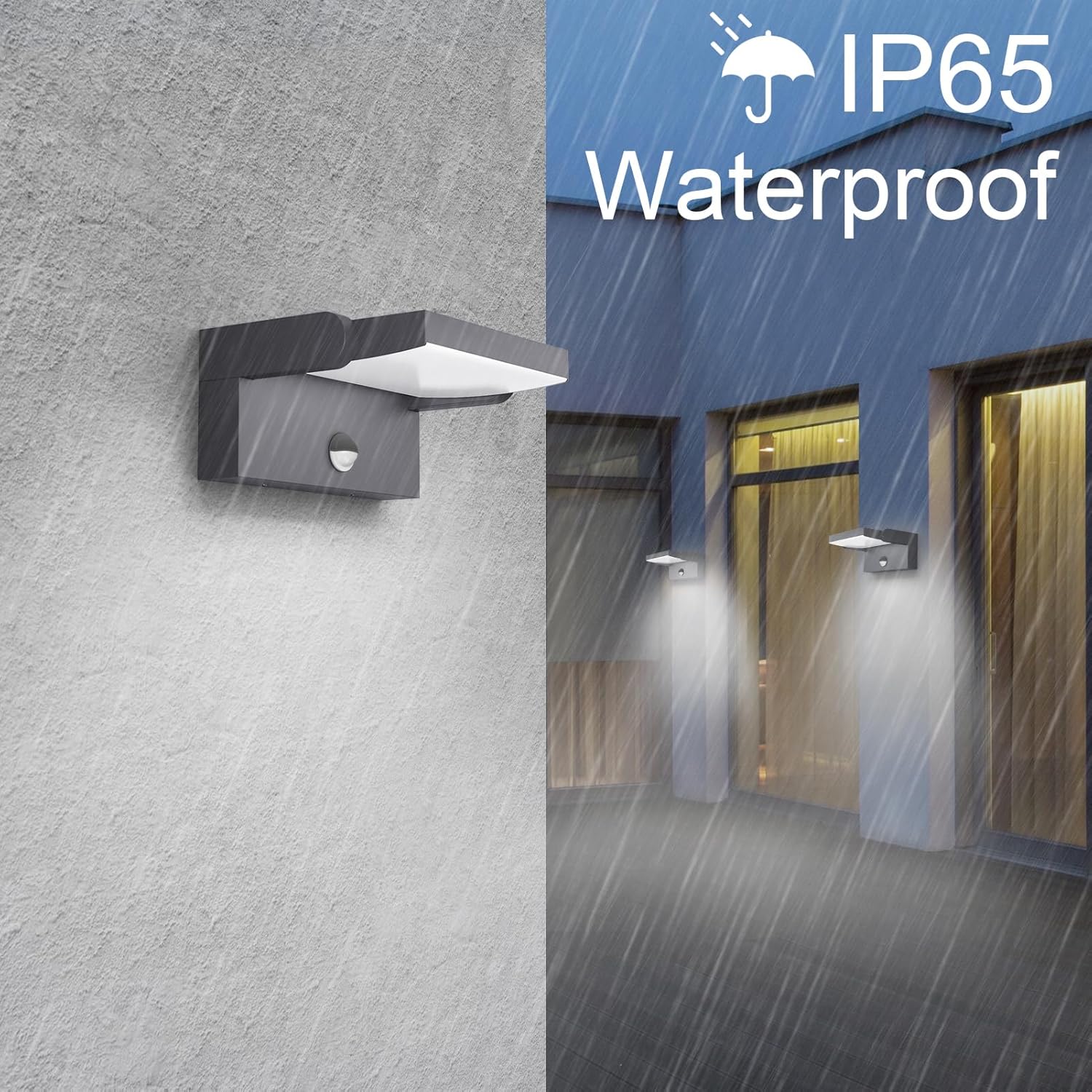 wall light fixture on a textured wall with 'IP65 Waterproof' text in the rain.