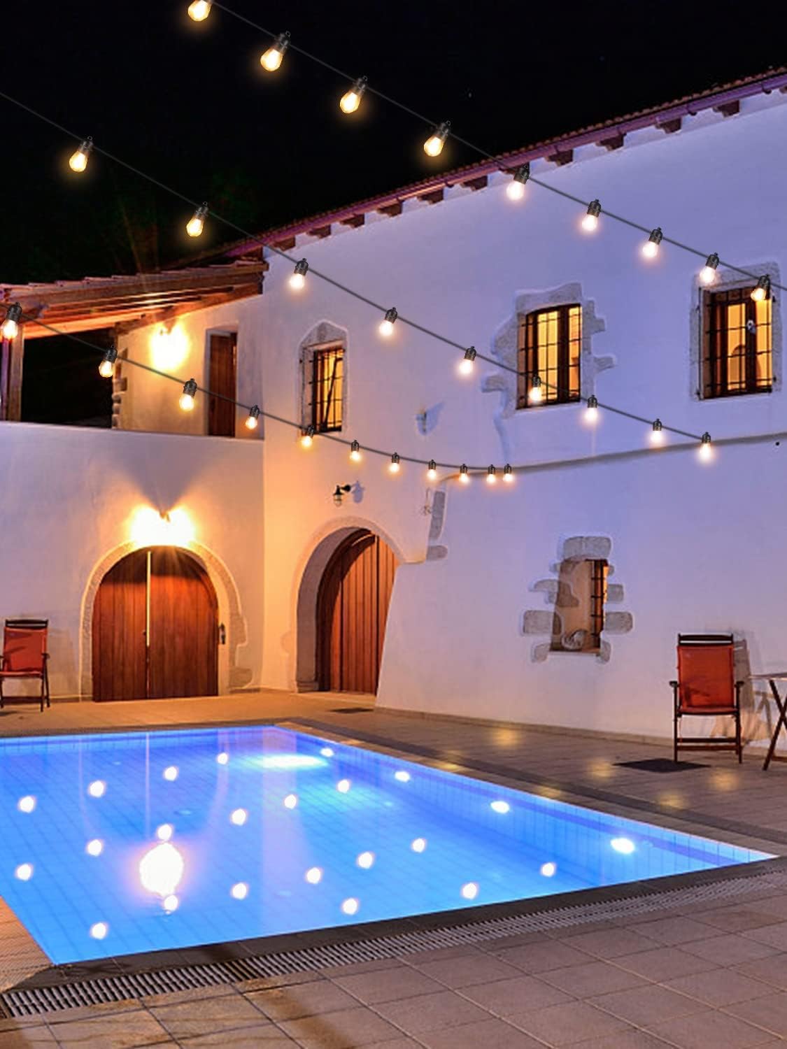 Warm white glow from S14 festoon lights enhancing garden atmosphere
