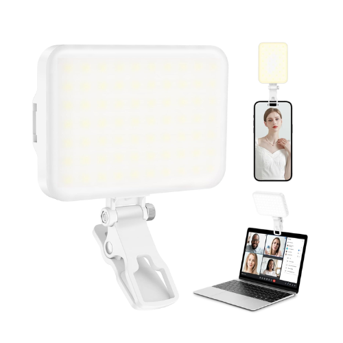 white collage of images showing a portable LED selfie light with clip, demonstrating the light being used with a mobile phone, camera, and laptop, illustrating the product's versatility and usage for video conferencing and photography.