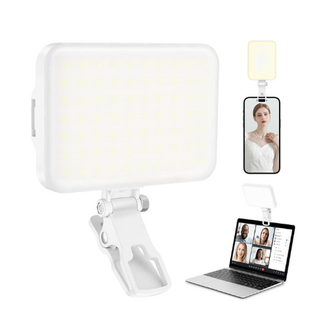 white collage of images showing a portable LED selfie light with clip, demonstrating the light being used with a mobile phone, camera, and laptop, illustrating the product's versatility and usage for video conferencing and photography.