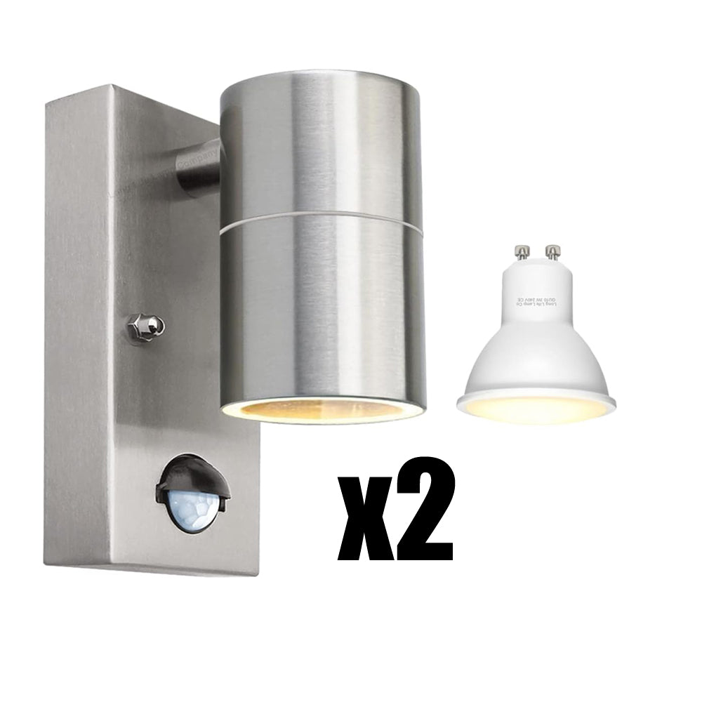 Outdoor Motion Sensor Wall Lights, Downward Outside Lighting Mains Powered, IP44 Silver Stainless Steel - thelights4u.com