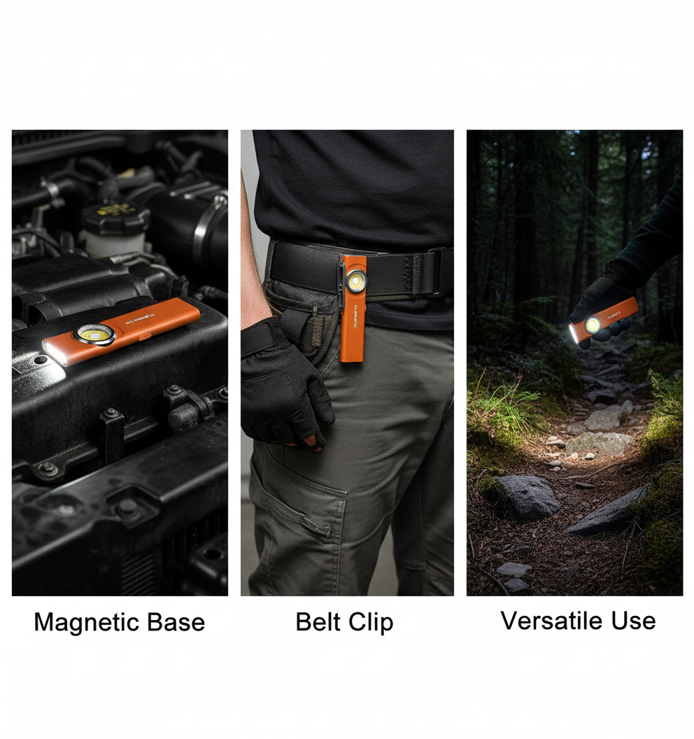 Lighting tool with magnetic base, belt clip, and versatile use in engine, pocket, and forest settings.