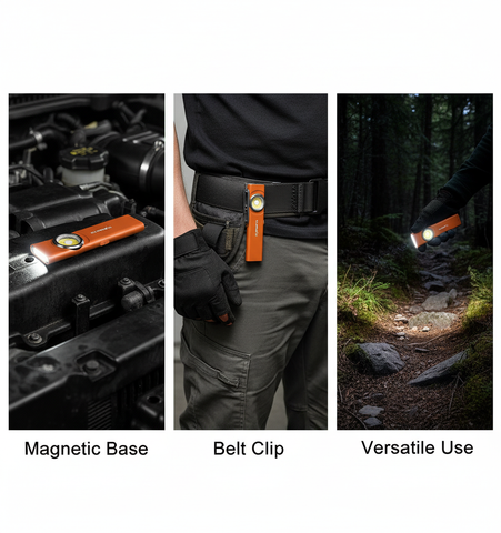 Lighting tool with magnetic base, belt clip, and versatile use in engine, pocket, and forest settings.